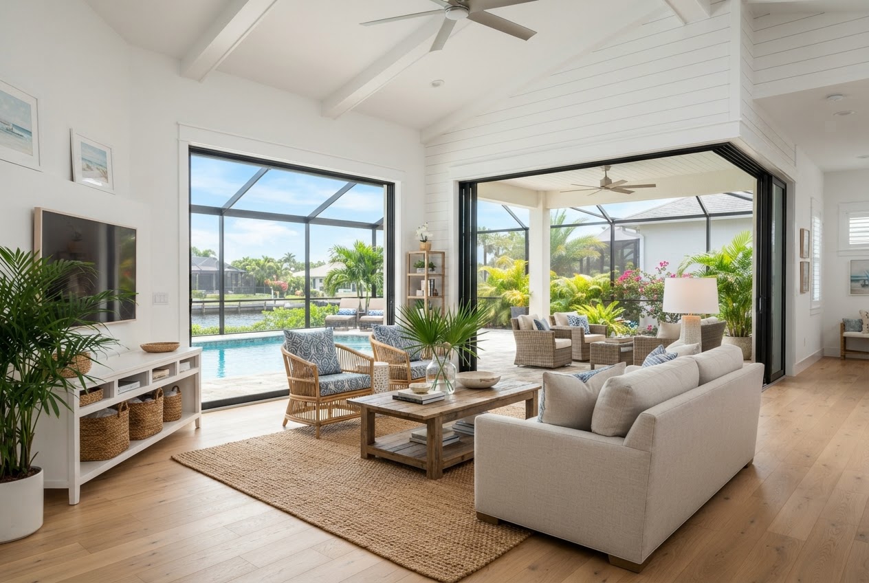 Bright open concept Florida coastal home living room