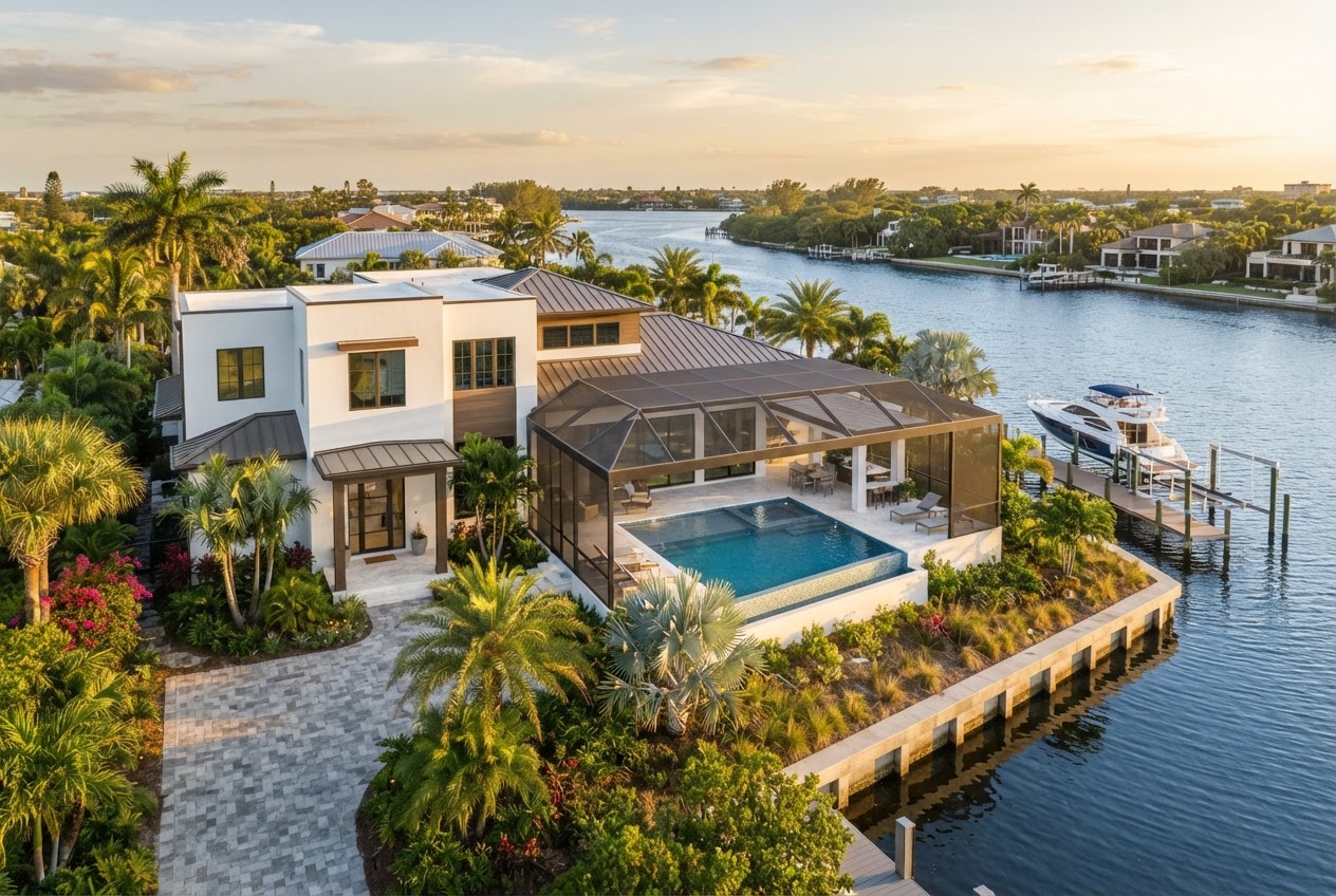 Waterfront Florida coastal home at golden hour near Sarasota