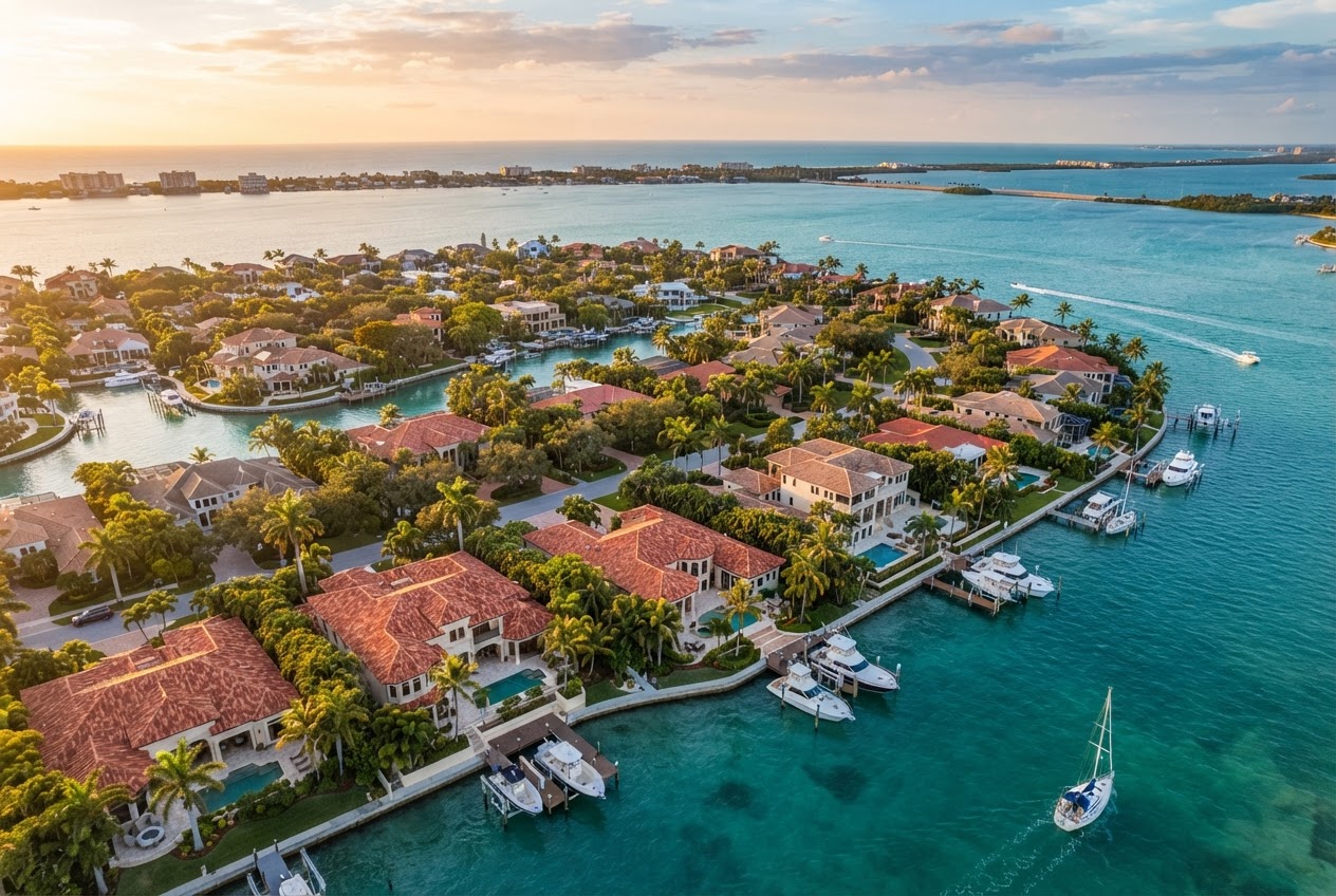 Aerial view of a Southwest Florida waterfront neighborhood