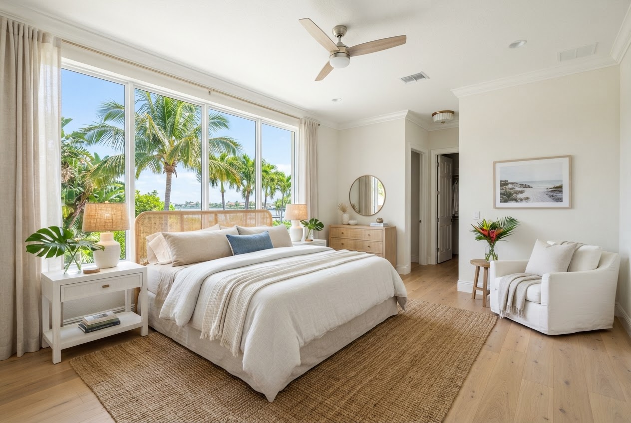 Bright primary bedroom suite in a Florida coastal home