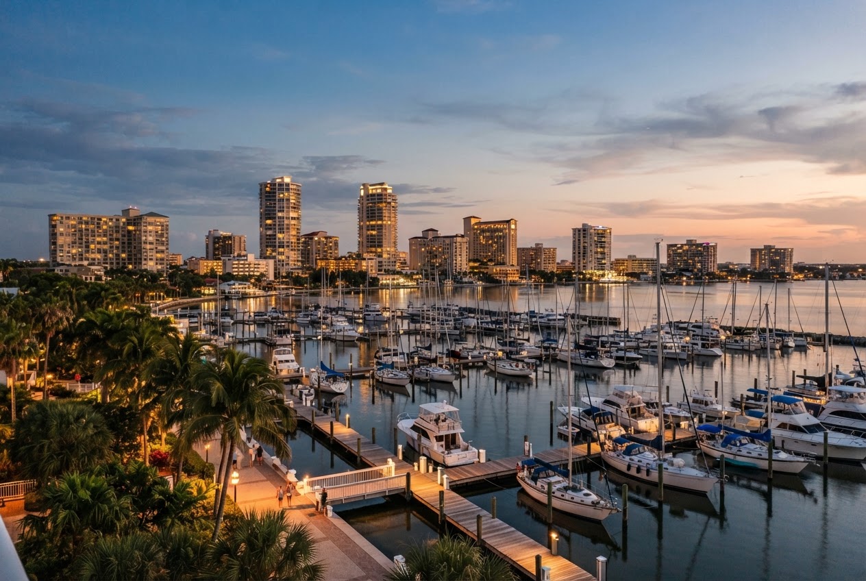 Sarasota Florida waterfront marina at dusk