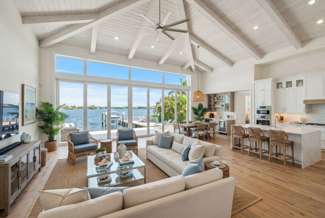 Bright open concept Florida coastal home great room with a water view